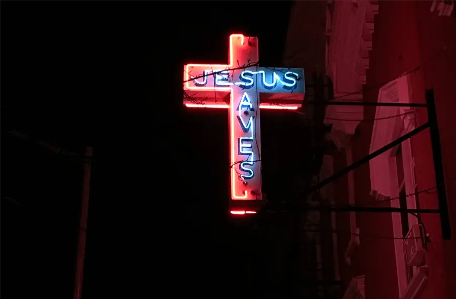 Jesus Saves Cross Neon Light At Night