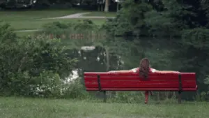 Resting Woman On Red Bench Near Pond 356x200